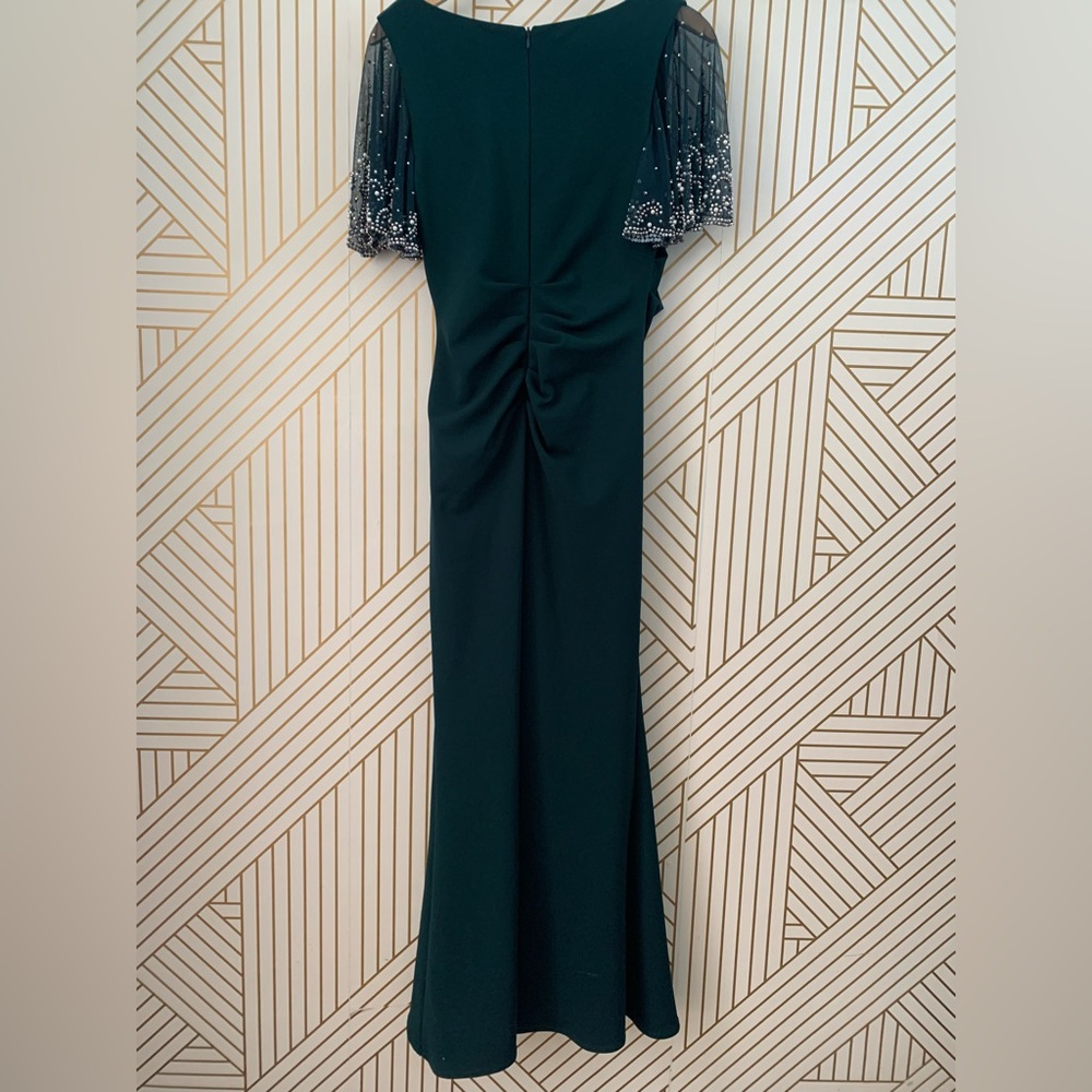 BETSY & ADAM Beaded Flutter-Sleeve Ruched Gown Square Neckline in Pine Green 8 - Picture 12 of 13
